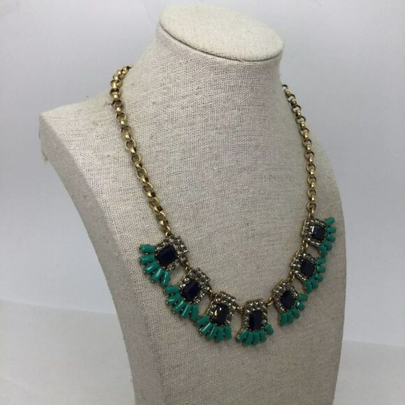 J. Crew Black & Teal Goldtone Statement Necklace 16" - Picture 3 of 5